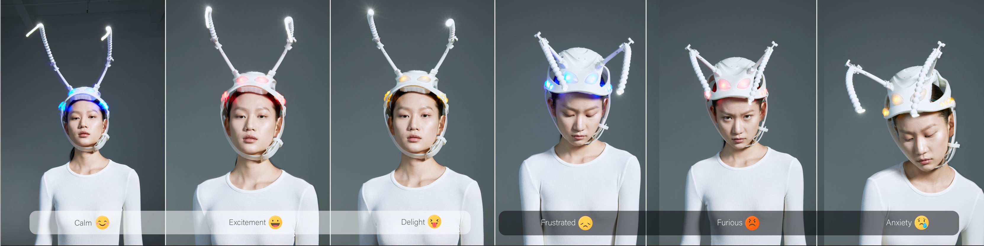Six staged Antennae Revolution headpiece positions labeled with different emotions.