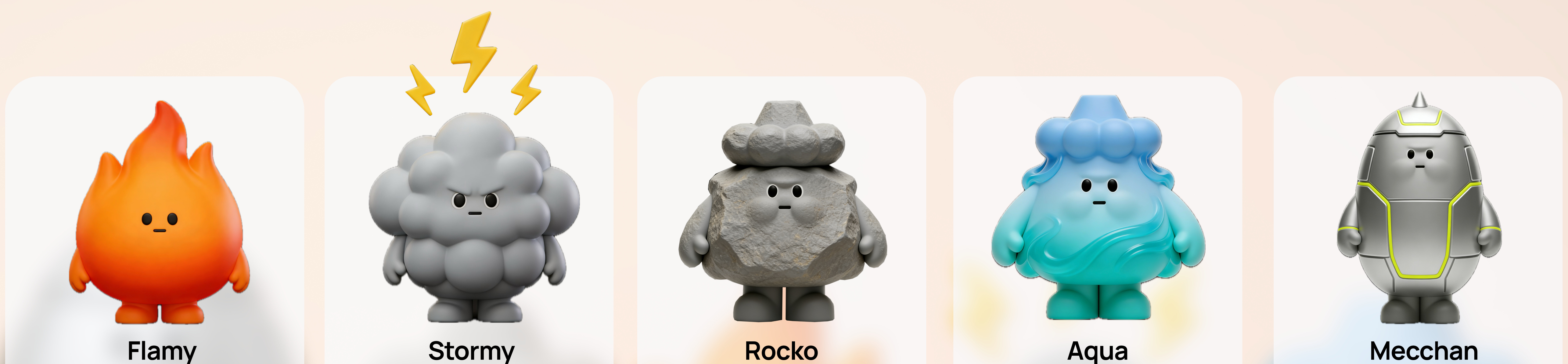 Five Care Circle collectible characters: Flamy, Stormy, Rocko, Aqua and Mecchan.