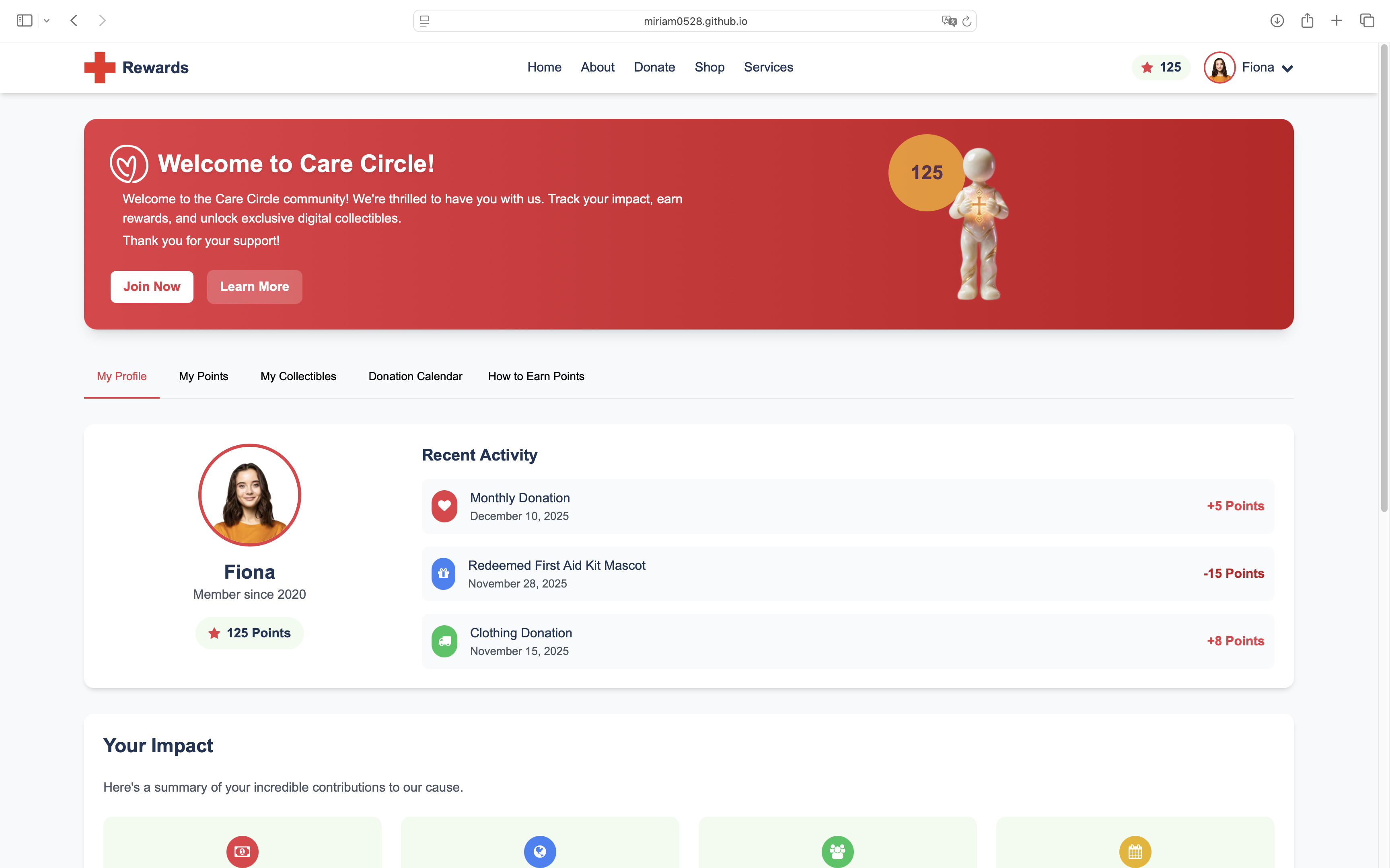 Care Circle dashboard showing recent activity, points and charitable impact.