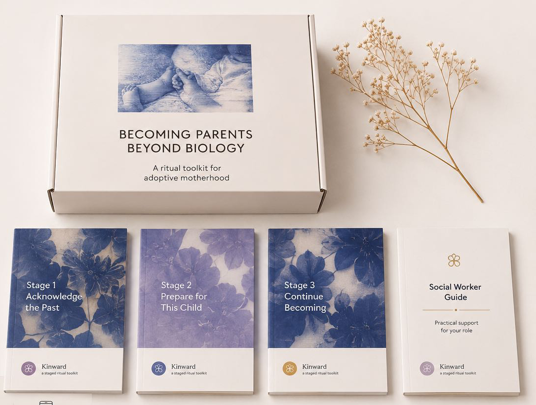 Kinward adoption support toolkit with a presentation box and stage booklets.
