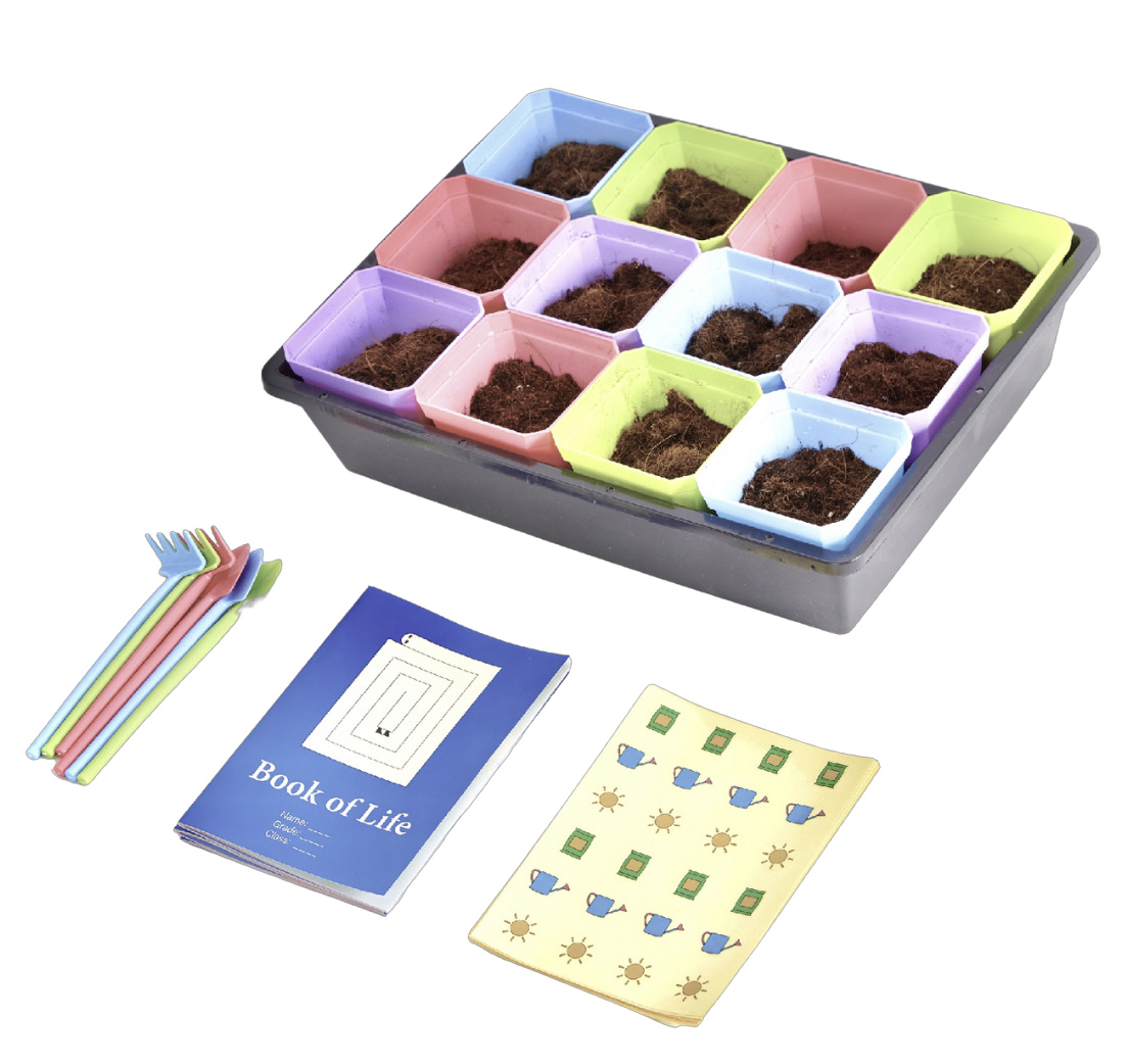 Plant-care tray with a journal and stickers from Medjed’s Journey.